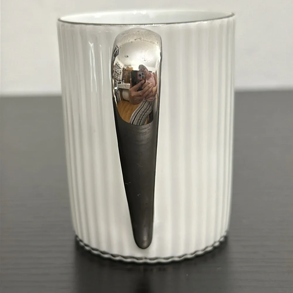 8 Vintage Ucagco White Ribbed Porcelain Silver Trim Demitasse Tea Cups